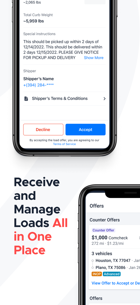 Mobile app interface of Super Dispatch showing load offers and management features for car haulers