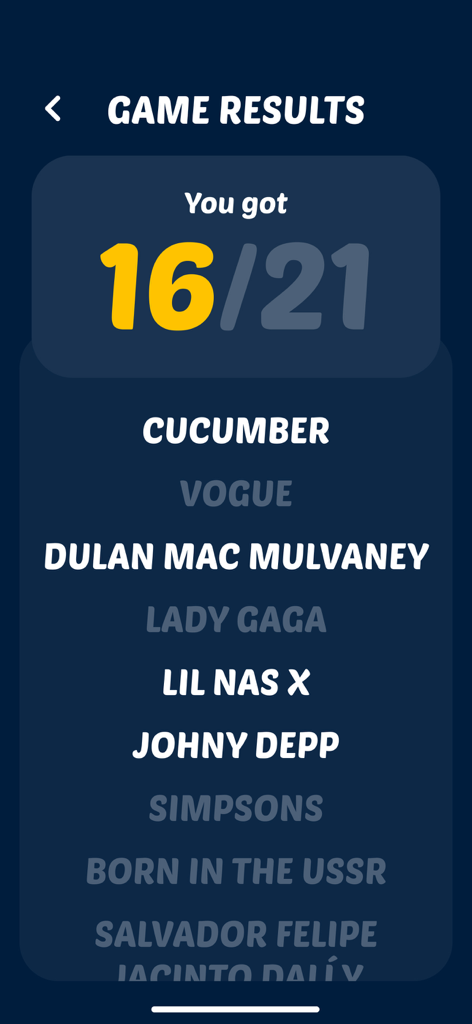Headbands: Charades for Adults - Headbands-App-Spielergebnisbildschirm mit einer Punktzahl von 16 von 21 und einer Liste von erratenen Popkultur-Namen