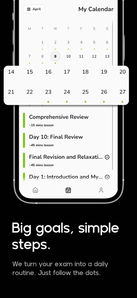 Exam planner: Study easy - Monthly calendar view and daily study plan in the Exam Planner app.
