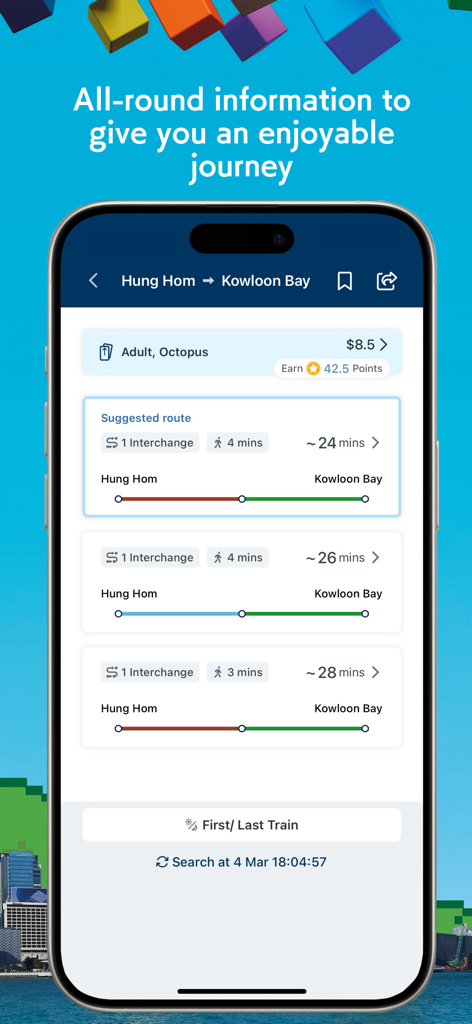 MTR Mobile - MTR Mobile app trip planner screen showing route options between Hung Hom and Kowloon Bay with travel times and fares