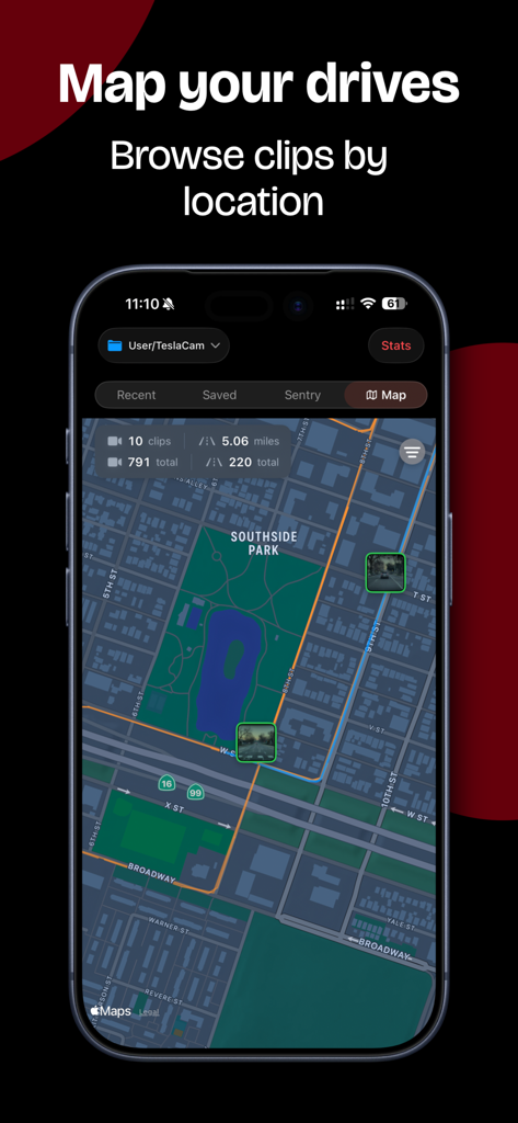 TesCam Studio - TesCam Studio app interface showing a map of a drive with pins representing dashcam clips at specific locations