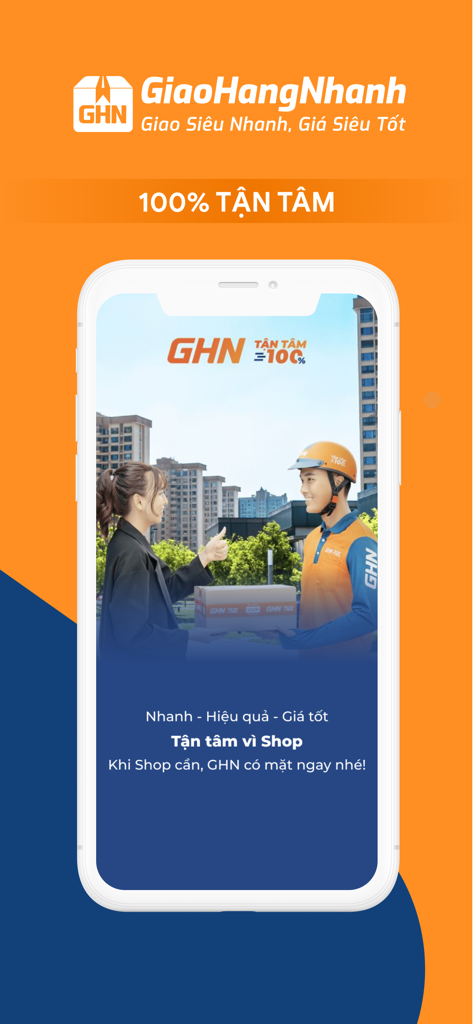 GHN mobile app interface showing a delivery person handing a package to a customer