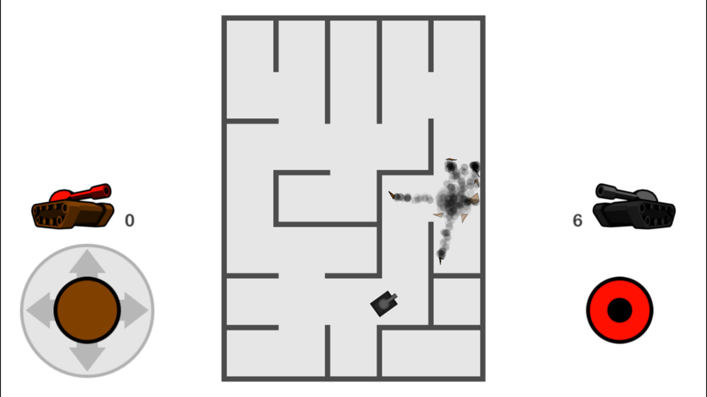 Top-down tank battle gameplay in a maze with on-screen controls