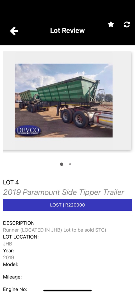 Devco Online - Devco Online app interface showing a lot review for a 2019 side tipper trailer