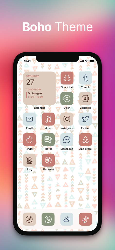 App Icons Customizer - Themes - Pantalla de inicio de iPhone estética con el tema Boho con iconos personalizados en tonos tierra como terracota y verde salvia.