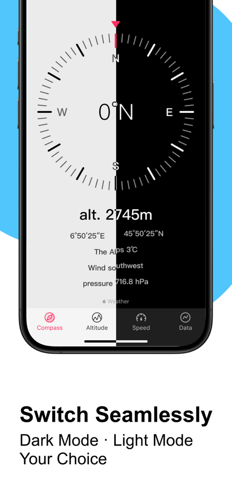 Interface de l'application Compass360X montrant une comparaison en écran partagé des modes clair et sombre pour la navigation par boussole et altitude