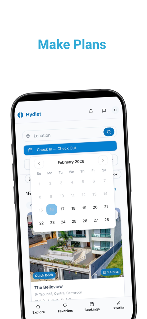 Hydlet - Interfaz de la aplicación móvil Hydlet que muestra el calendario de reservas y la búsqueda de propiedades para estancias verificadas