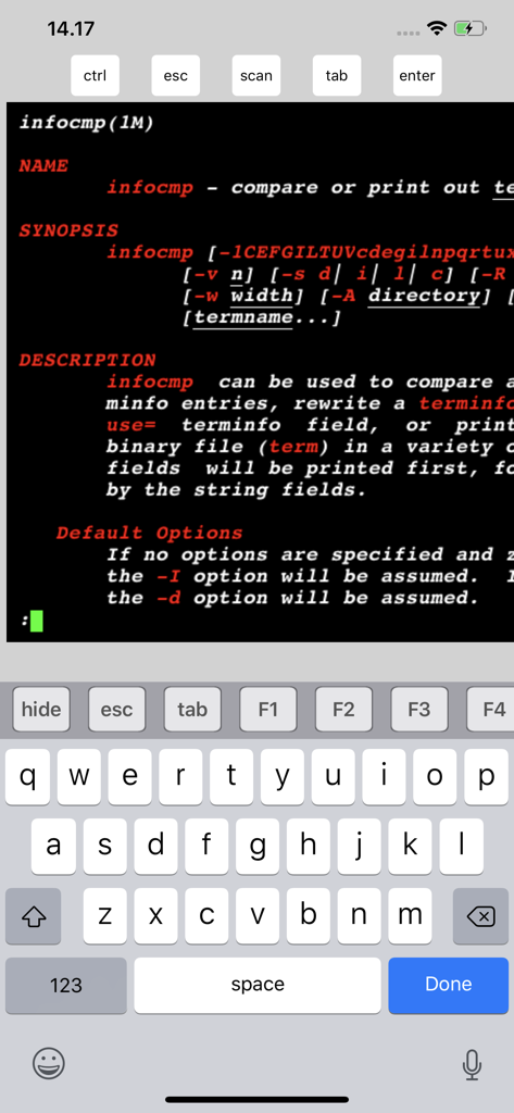 Mocha Telnet terminal interface on iPhone showing a Linux command documentation screen and custom function keys for IT administration