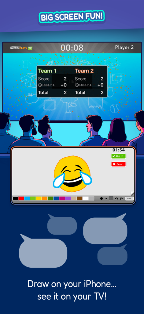 SketchParty TV - People playing SketchParty TV with an emoji drawn on an iPhone appearing on the big screen