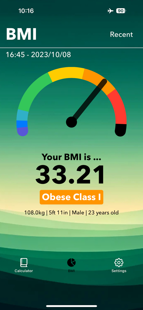 Smart BMI & Health Calculator - Smart BMI and Health Calculator app interface showing a body mass index result of 33.21 and status category on a colorful gauge