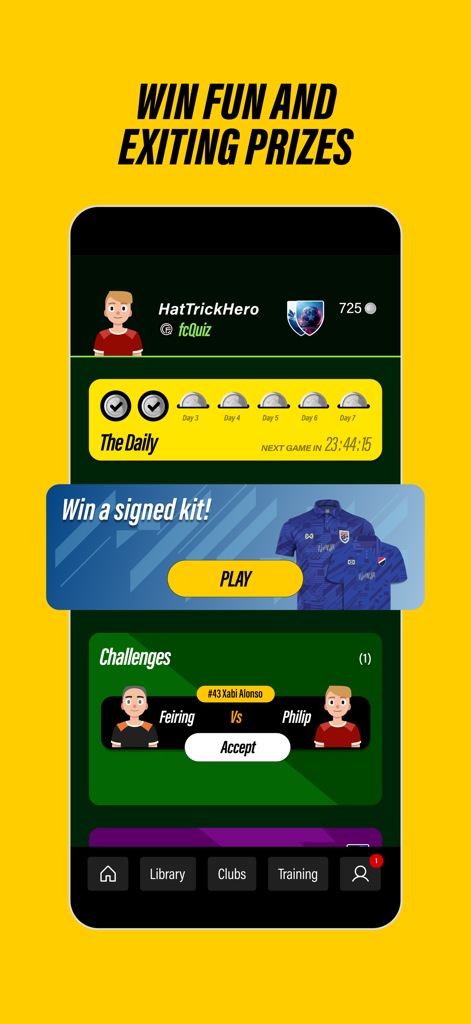 fcQuiz - fcQuiz mobile app interface displaying soccer trivia challenges and prizes
