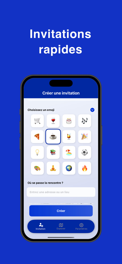 JeContacte Connect - Interface of the JeContacte Connect app showing the creation of a quick invitation with emoji selection and location input.