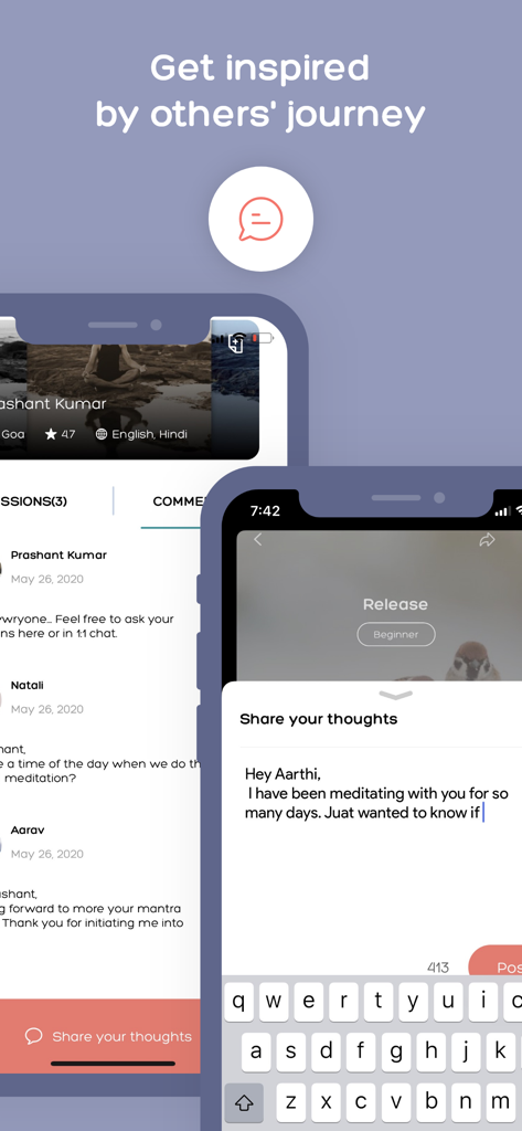 AUMHUM Self-Care & Sleep - AUMHUM app screenshot showing community feedback and a messaging interface to share personal wellness journeys