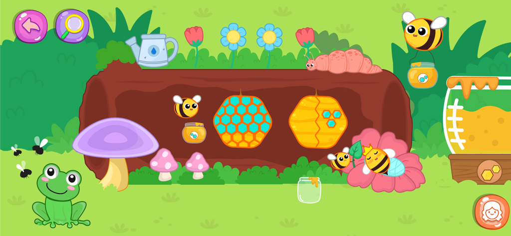 ElePant Kids Learning Games 2+ - A colorful interactive nature scene featuring bees, honeycombs, and a frog in the ElePant kids learning app.