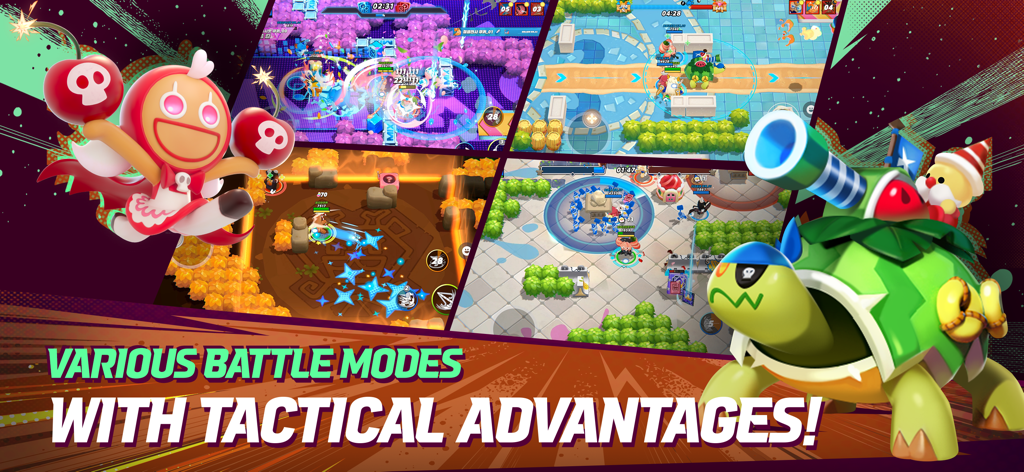 A compilation of various gameplay screens showing tactical battle modes and character combat in CookieRun OvenSmash