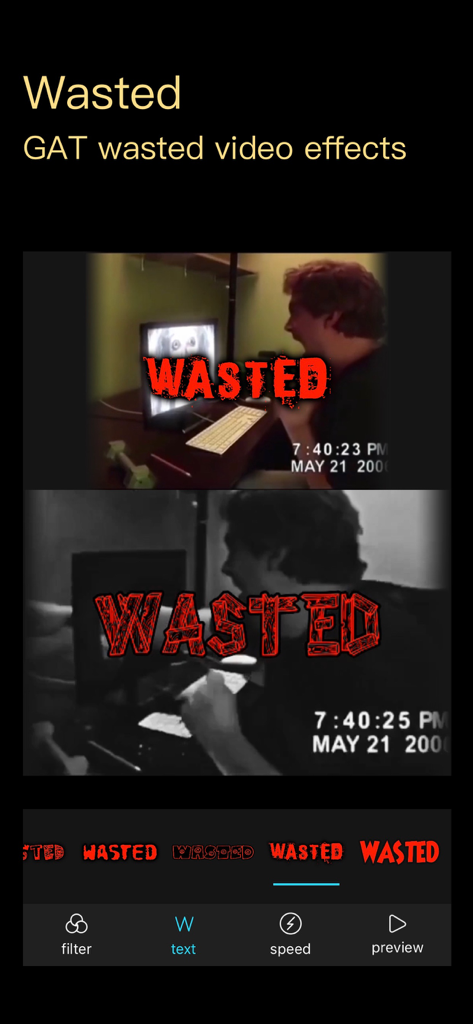 Baotu - Thug Life Video Maker - The Baotu app interface showing the Wasted video effect inspired by Grand Theft Auto