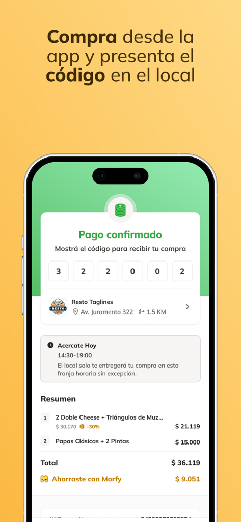 Morfy: Salí a comer ahorrando - Morfy app screen showing a payment confirmation and a 6-digit redemption code for a restaurant order.