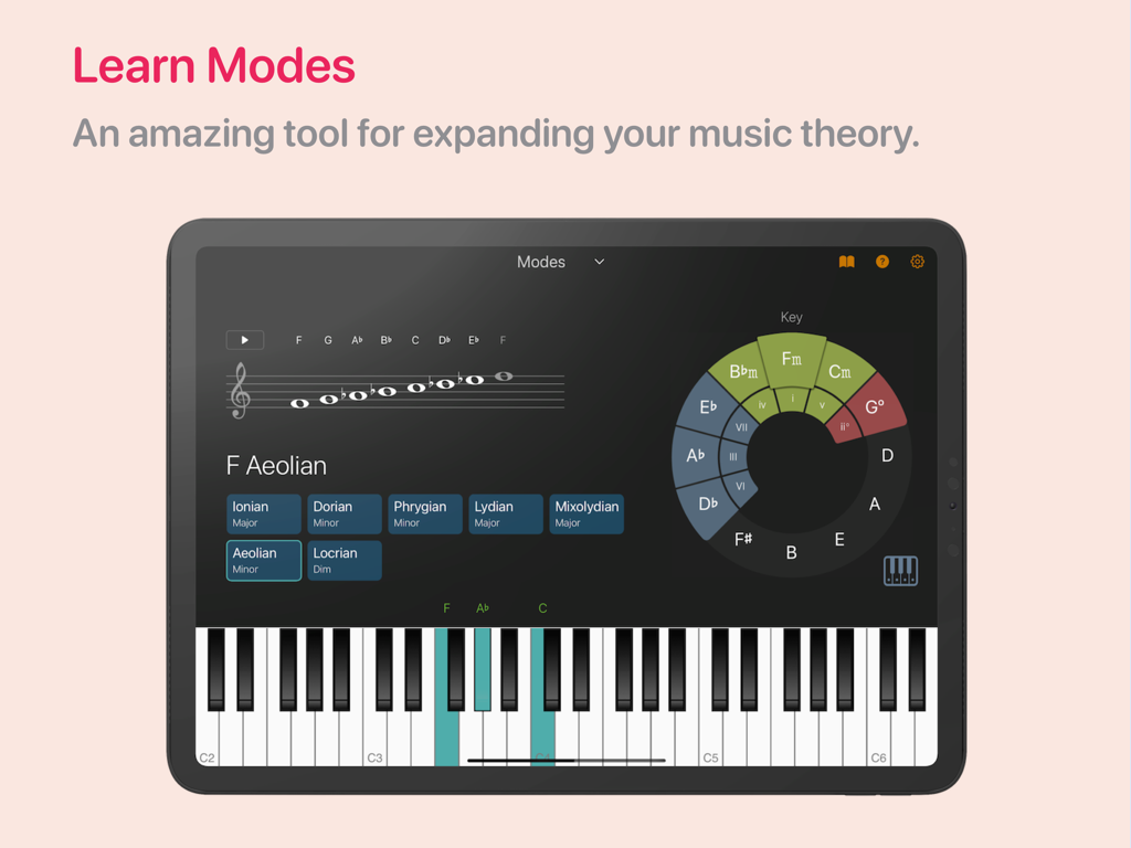 Chordio: compose & learn music - Chordio app interface on an iPad showing the music theory modes workspace with a staff and piano