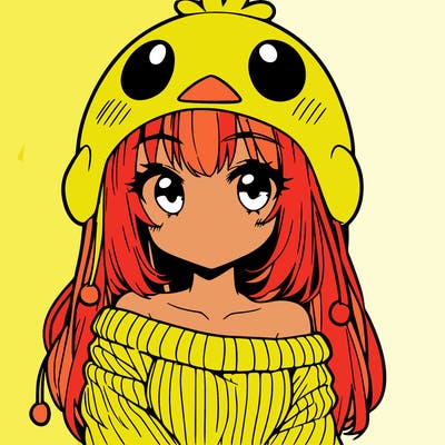 anime girl with chick shaped hat with sweater with bare shoulders with bangs covering them one eye with low tail