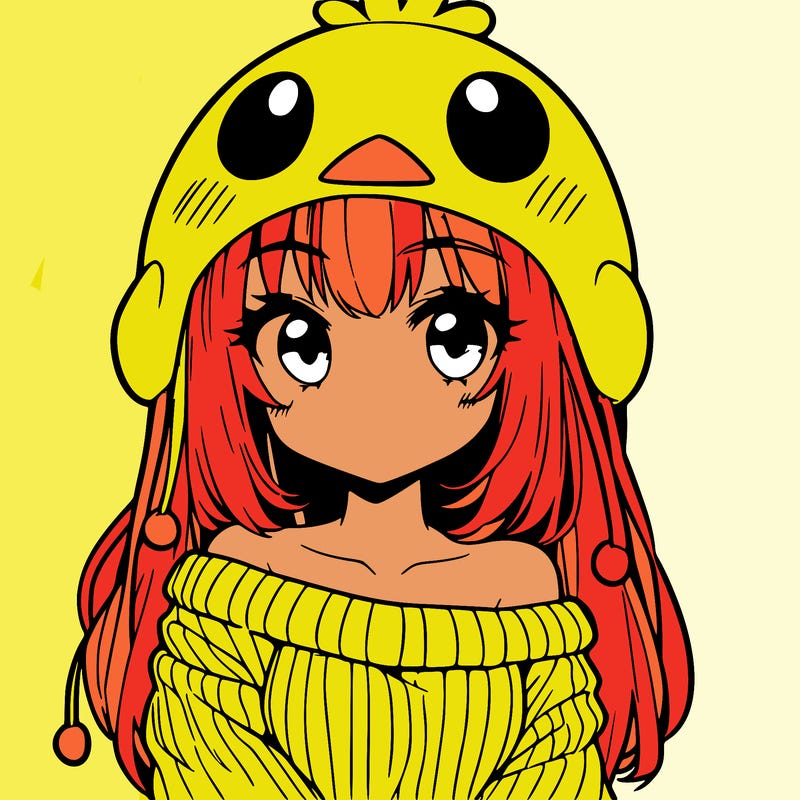 anime girl with chick shaped hat with sweater with bare shoulders with bangs covering them one eye with low tail