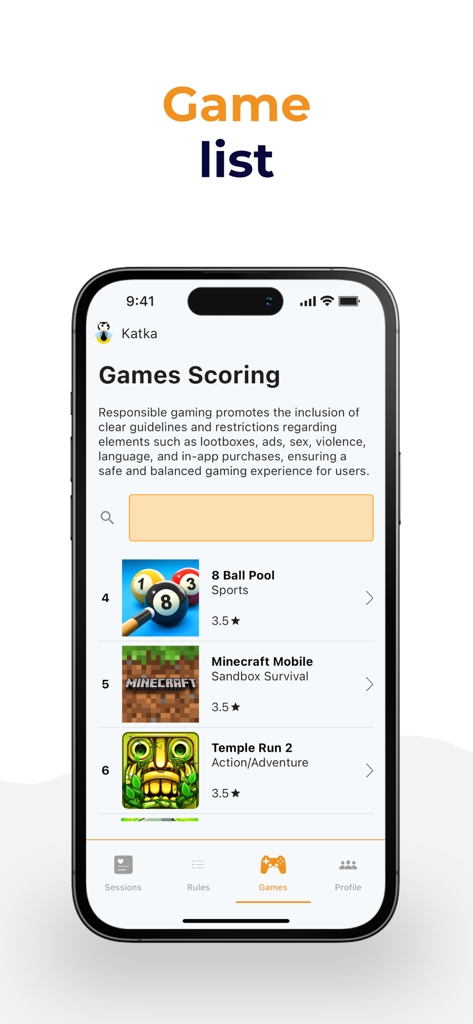 Digital Parenting - Interfaz de la aplicación Crianza Digital que muestra puntuaciones de seguridad y niveles de riesgo para juegos populares como Minecraft y Temple Run 2.
