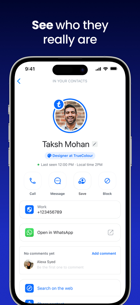 Schermata del profilo contatto di Truecaller che visualizza i dettagli dell'ID chiamante e i pulsanti di azione per un contatto di nome Taksh Mohan