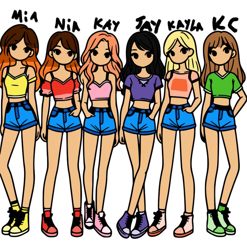 a group of girls wearing crop tops and shorts