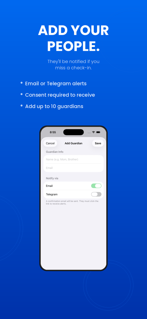 DayTap — Daily Check-In - Interface for adding an emergency guardian with notification settings in the DayTap app.