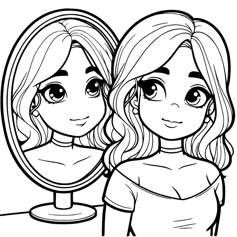 realistic girl looking at a mirror