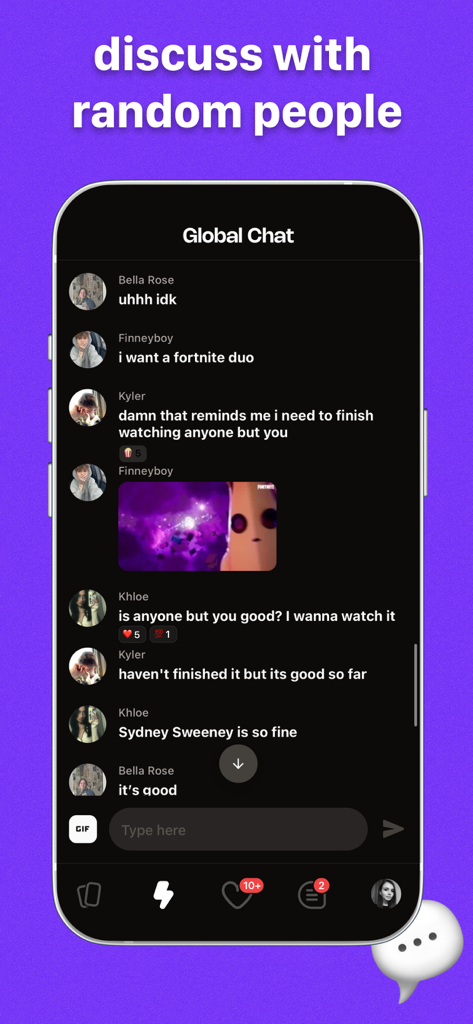 영화와 게임에 대해 이야기하며 새로운 친구를 사귀는 사용자를 보여주는 Peeps 앱의 글로벌 채팅 화면입니다.