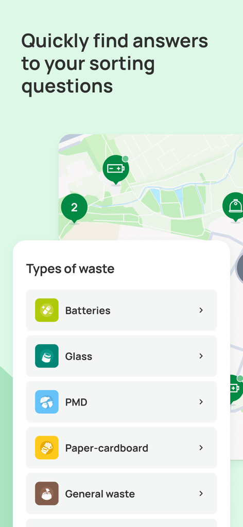 A mobile app screen showing categories for different types of waste and a map pinpointing local recycling collection points.