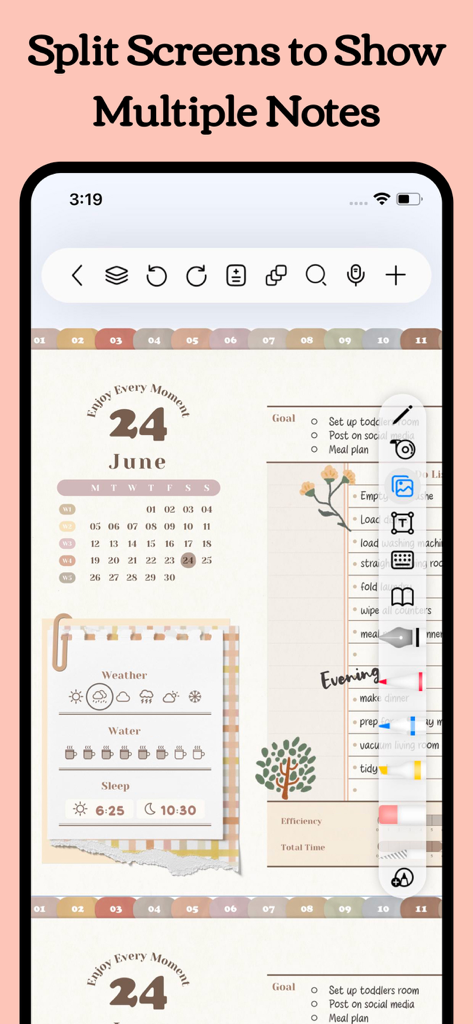 Interfaccia dell'app Freenotes che mostra la funzionalità split screen con un pianificatore digitale e un elenco di attività