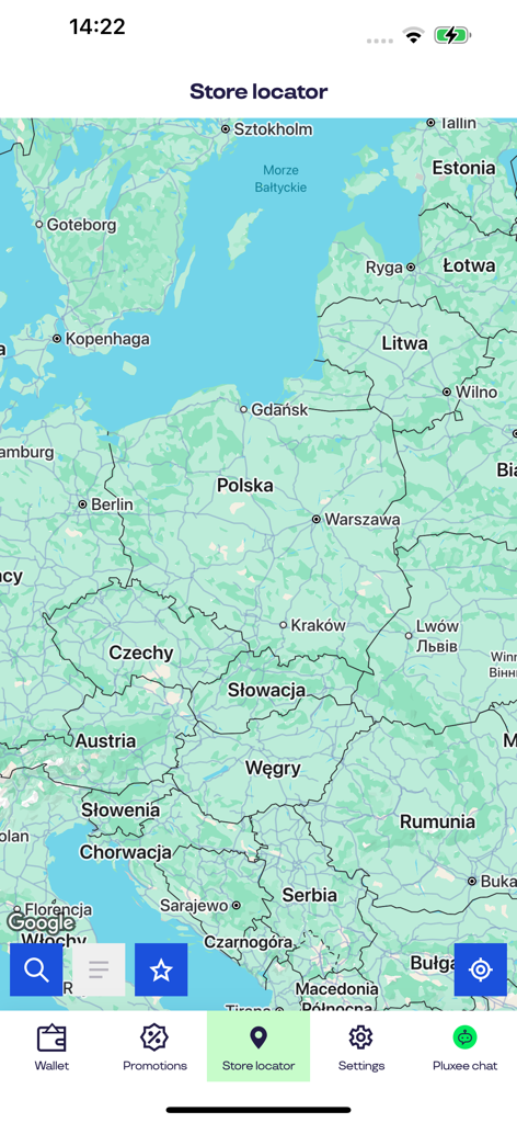 Pluxee Polska - Mapa localizador de tiendas en la aplicación móvil Pluxee para encontrar ubicaciones de comercios en Polonia.