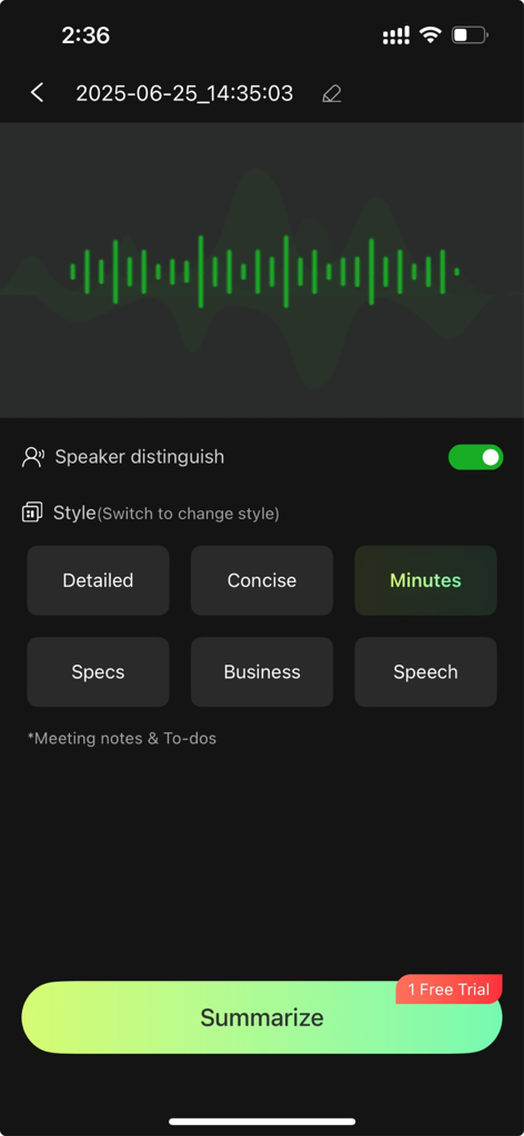 RecCloud VoiceCap app interface showing AI summarization style options including meeting minutes and business reports