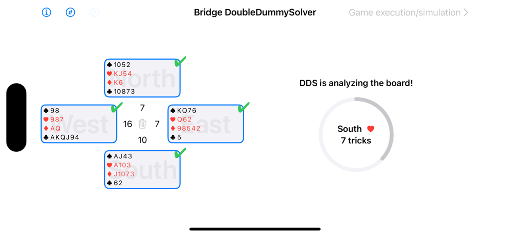 Pantalla de la aplicación BridgeDDS que muestra el solucionador double dummy analizando una mano de bridge para obtener bazas realizables