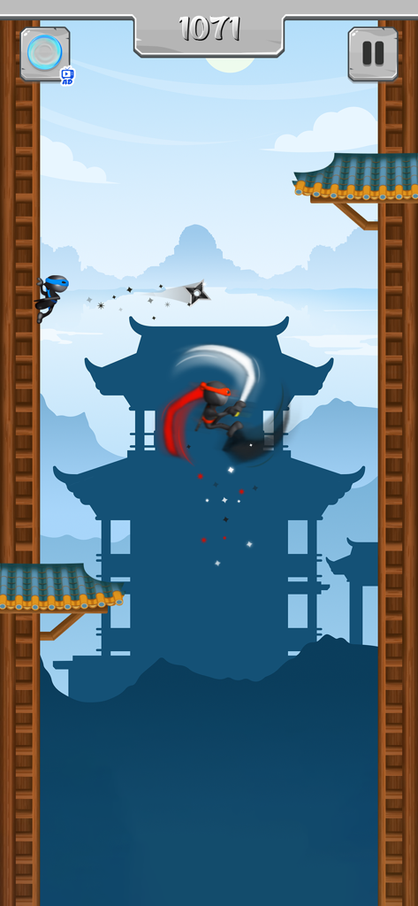 Ninja Jump Master - A ninja character performing a midair sword slash while jumping between building walls in a pagoda-themed level.