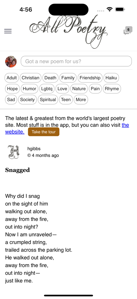 Allpoetry Poetry.app - Interface do aplicativo Allpoetry exibindo categorias de poemas e um poema compartilhado intitulado Snagged