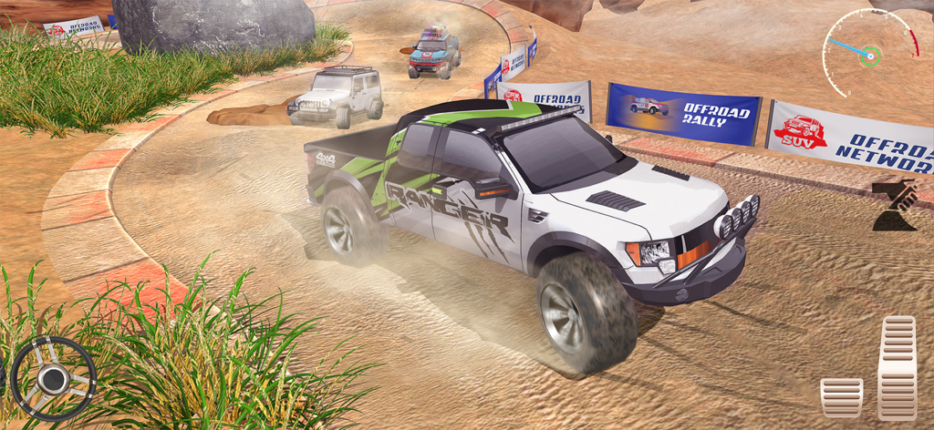 Offroad Master-4x4 Mud Driving - 오프로드 마스터 모바일 게임에서 흙 트랙을 달리는 흰색 오프로드 트럭.