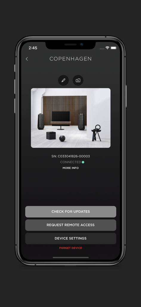 BeoLiving - BeoLiving app device settings screen showing a connected Bang and Olufsen home entertainment system with remote access options