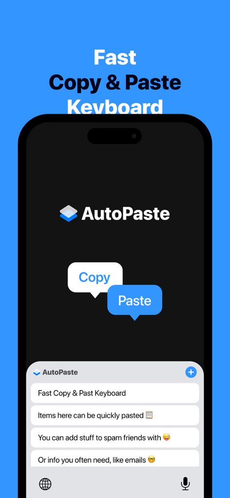 Interface do aplicativo AutoPaste Keyboard mostrando opções de texto pré-salvas para mensagens rápidas de copiar e colar.