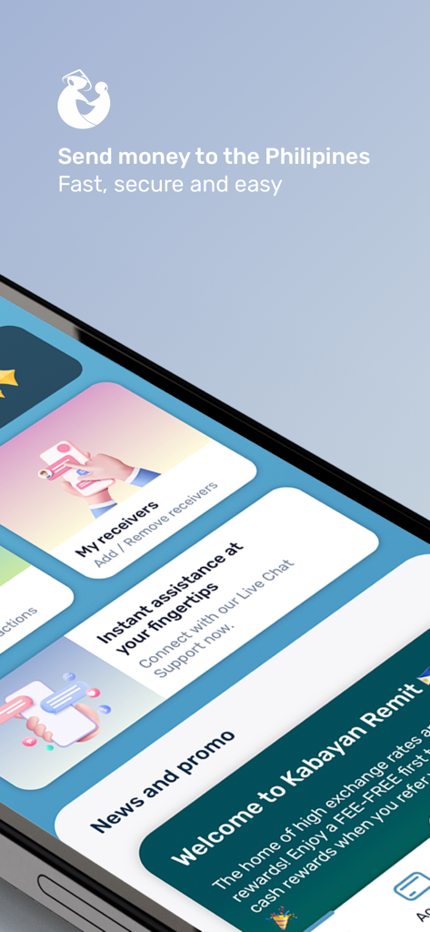 Kabayan Remit - Money Transfer - Kabayan Remit app interface showing money transfer options to the Philippines and customer support features