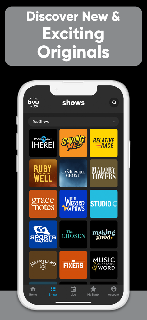 BYUtv mobile app interface displaying a grid of original family friendly shows including Studio C and The Chosen