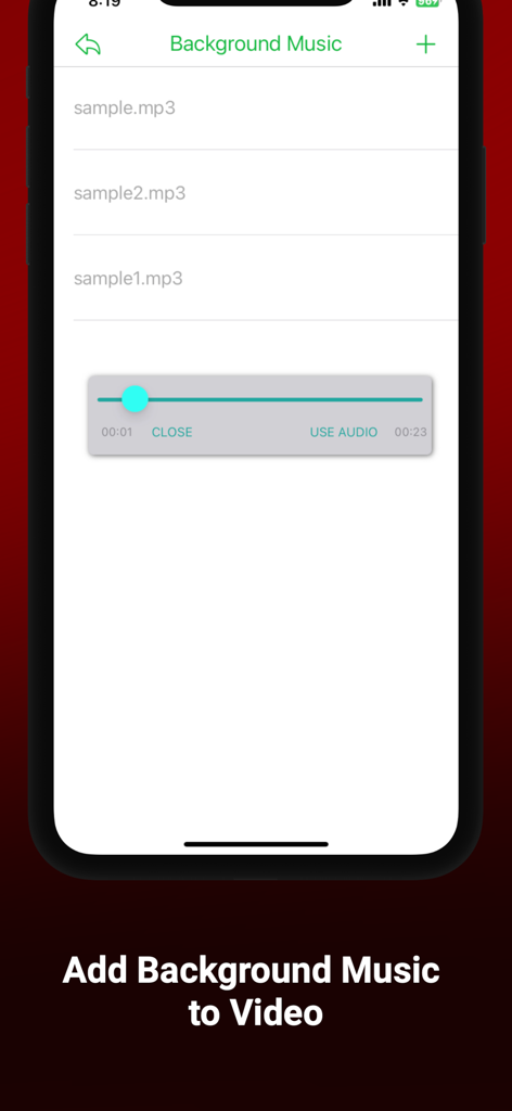 Cutter Merger, Cut, Crop Video - オーディオファイルリストとトリミングスライダーを示す、動画にBGMを追加するためのインターフェース。