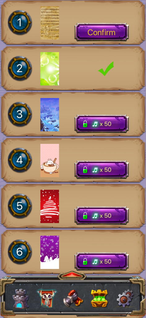 Music White Tile 2:Piano Games - Menu for selecting and unlocking optional tile skins and backgrounds in Music White Tile 2