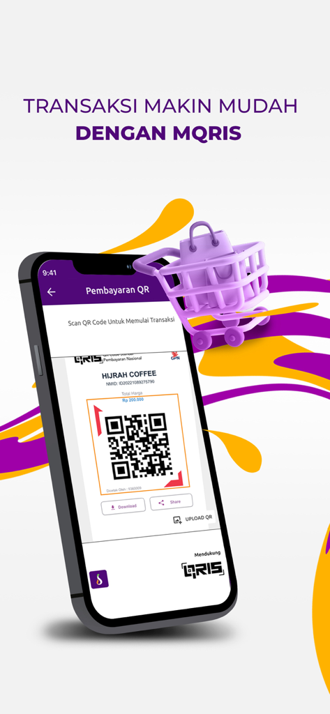 Muamalat DIN - Muamalat DINアプリのインターフェース。紫色のショッピングカートのグラフィックで、モバイル決済取引用のQRコードを表示しています。