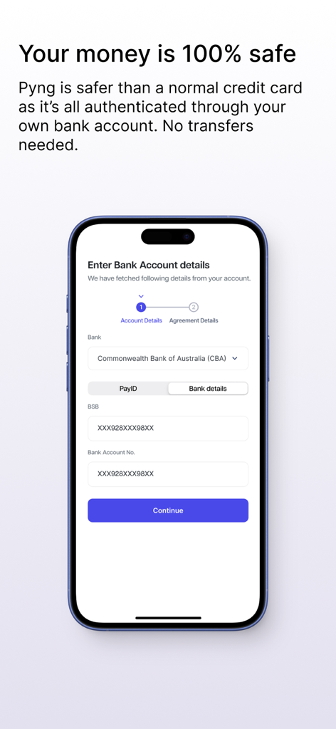 A smartphone screen showing the Pyng app's bank account linking process with security-focused messaging about safe transactions.