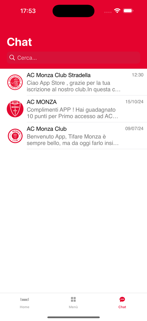 AC Monza - AC Monza app chat screen showing messages from the club and fan groups