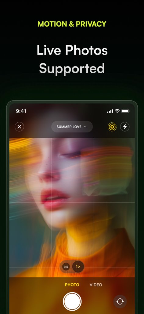 Encamera Encrypted Photo Vault - Interfaz de la aplicación Encamera que muestra soporte para fotos en vivo y vista de cámara privada