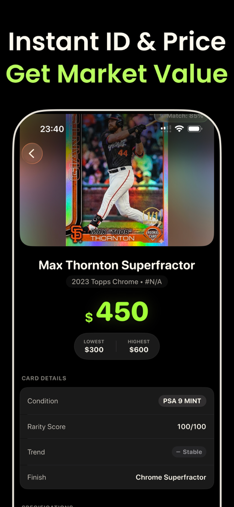CardLens app interface displaying the instant market value and grading details for a baseball card