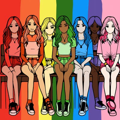 realistic teen girls sitting in a line